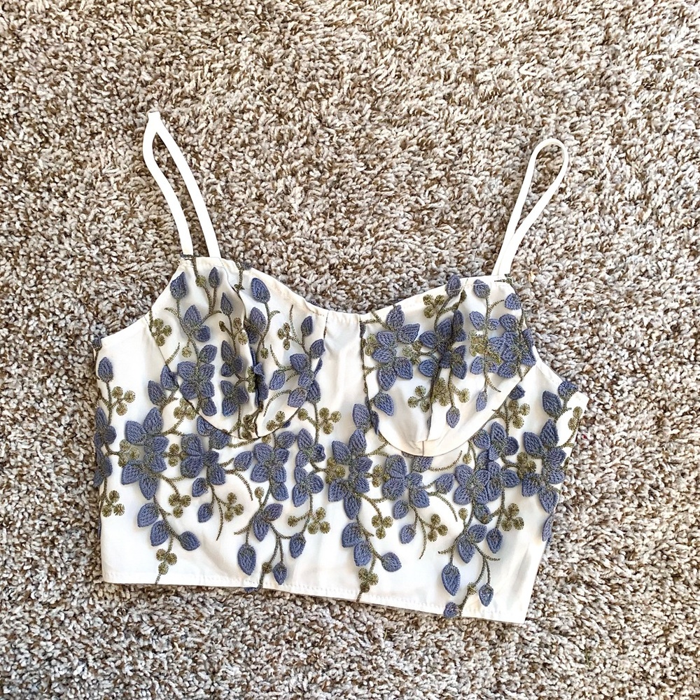 SHEIN White Floral Embroidered Crop Top with Blue and Olive Accents